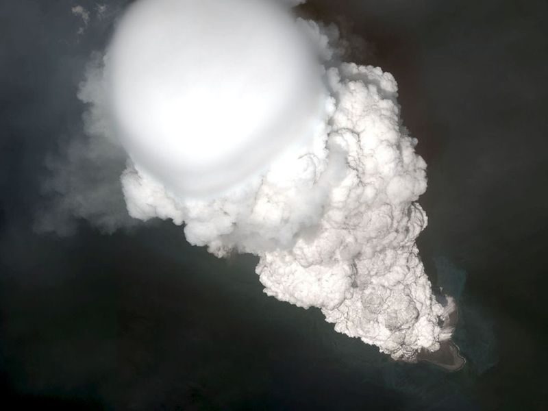 This satellite image shows Bogoslof volcano erupting on May 28, 2017.