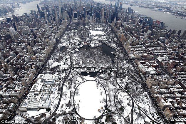 Central Park lies under a blanket of snow in New York City on March 8 during the second Nor'easter in a week