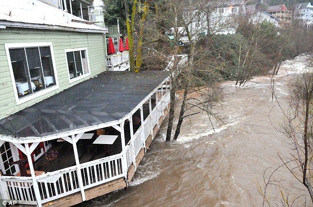 Floodwater can be seen gathering around the lower deck of this building in Nevada City