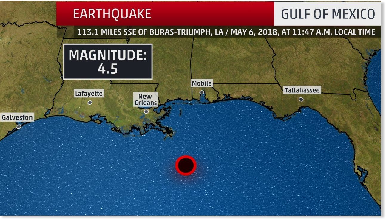 Rare shallow magnitude 4.5 earthquake hits off coast of Louisiana near