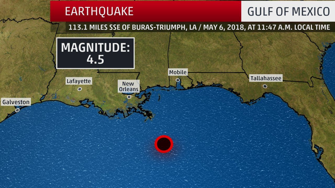 The quake struck in the Gulf of Mexico about 160 miles southeast of New Orleans.