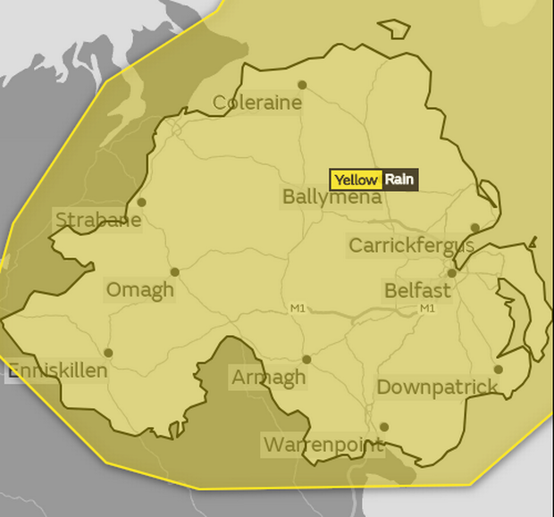 A yellow weather warning is in place for Northern Ireland.