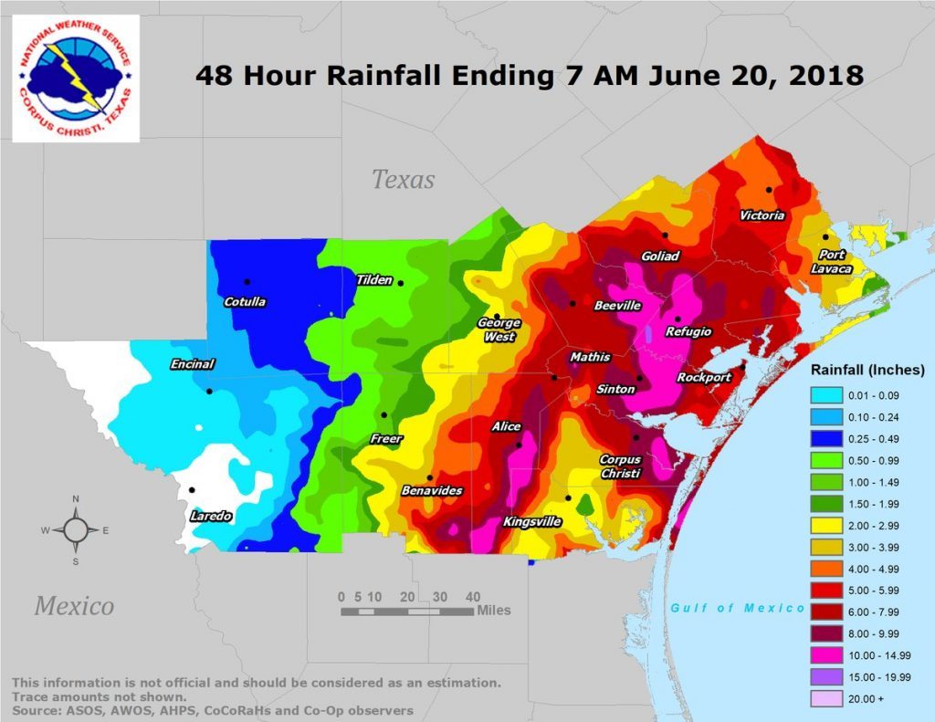 48 hour rainfall totals in south Texas, 18 to 20 June, 2018.