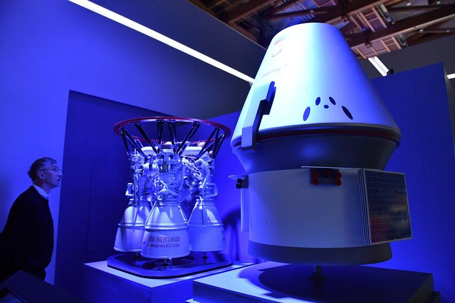 Mock-ups of the RD-181 rocket engine and the Federation space craft