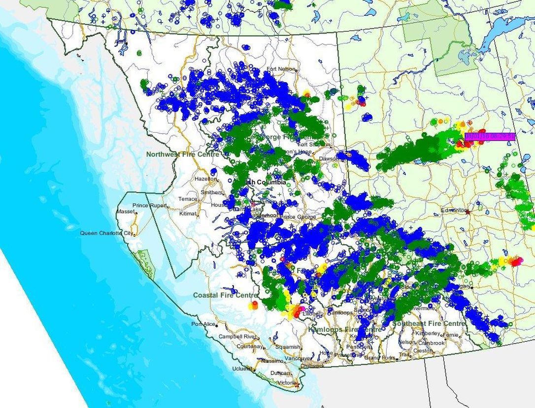 A map released by the BC Wildfire Service on Wednesday shows where lightning struck on July 31, contributing to 132 new wildfires.