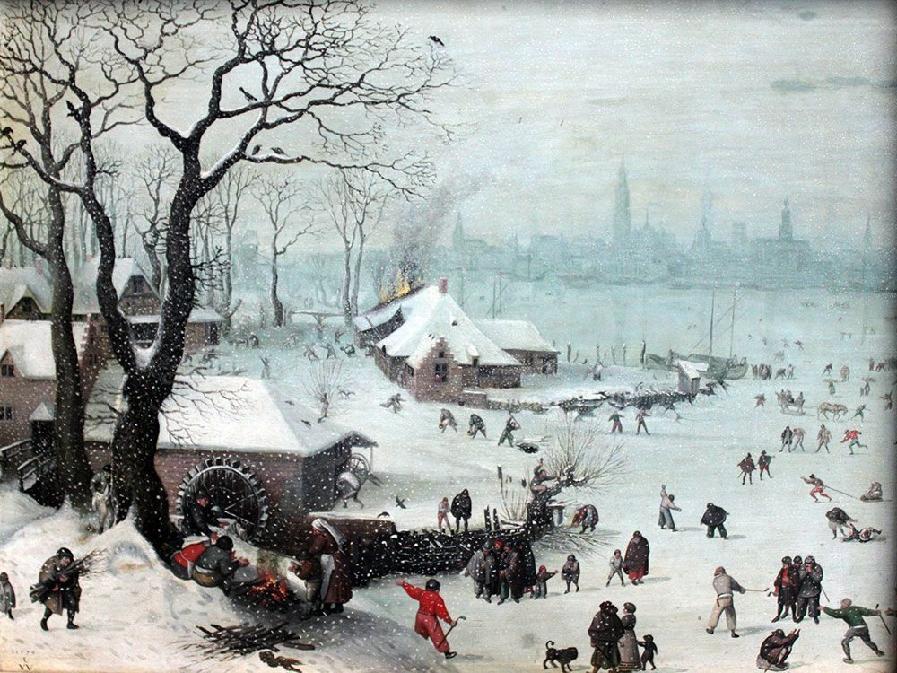 1575 Winter Landscape with Snowfall near Antwerp by Lucas van Valckenborch.