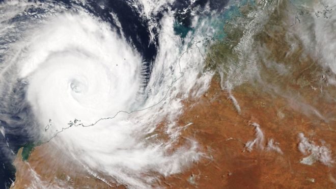 Satellite imagery shows Cyclone Veronica just off the north-west coast of Australia