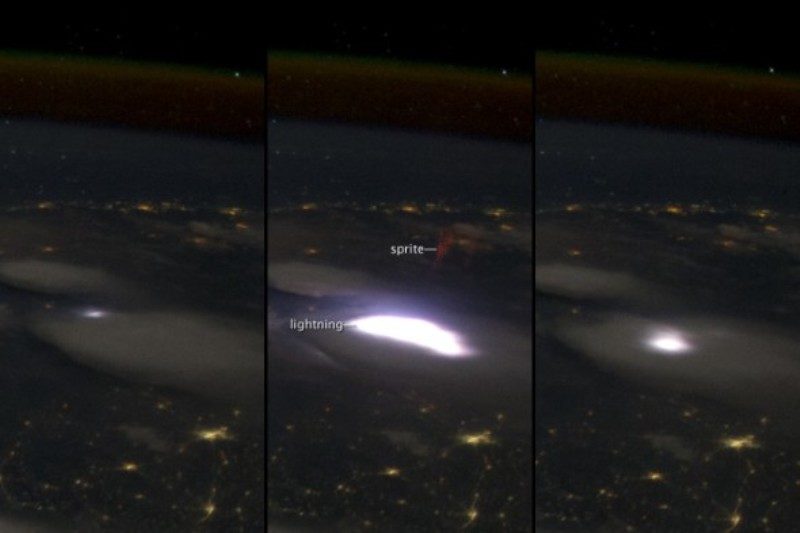 A red sprite captured over Malaysia on April 30, 2012, by astronauts on the International Space Station