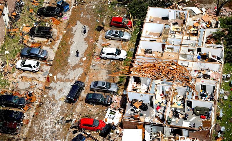 This aerial image shows severe storm damage in Jefferson City, Mo., Thursday, May 23, 2019, after a tornado hit overnight.