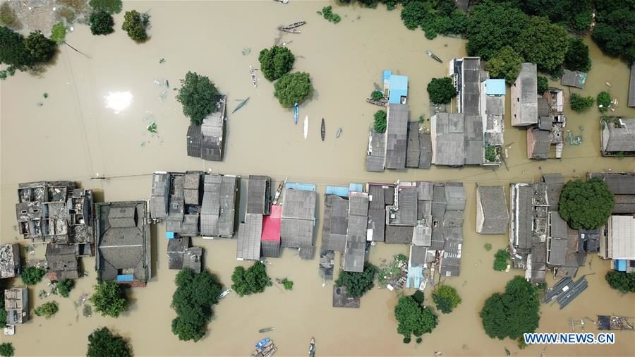 Aerial photo taken on July 10, 2019 shows a part of flooded Xiangtan city in Central China's Hunan province