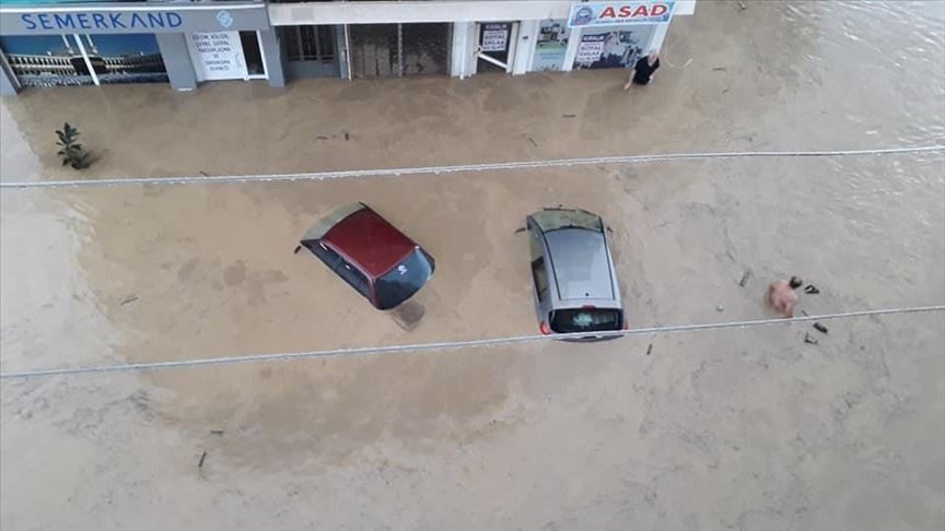 Submerged vehicles are seen after heavy rain hit Duzce's Akcakoca district, Turkey on July 18, 2019.