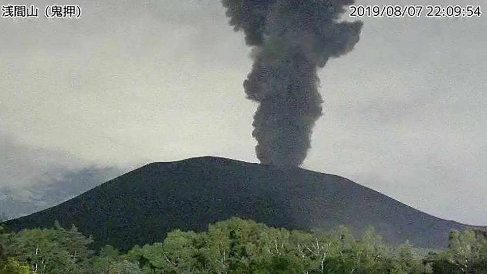 Screengrab captured by Jiji Press from a Japan Meteorological Agency surveillance camera on Aug 7, 2019 showing an eruption of Mount Asama in central Japan.