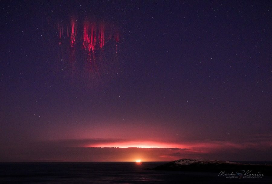 Red sprites above a mesoscale convective system over the northern Adriatic sea, as seen from north Italy. July 7th, 2019