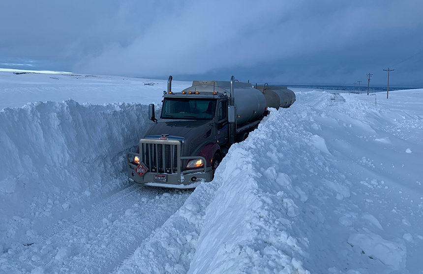Fuel truck stuck in snow in Idaho