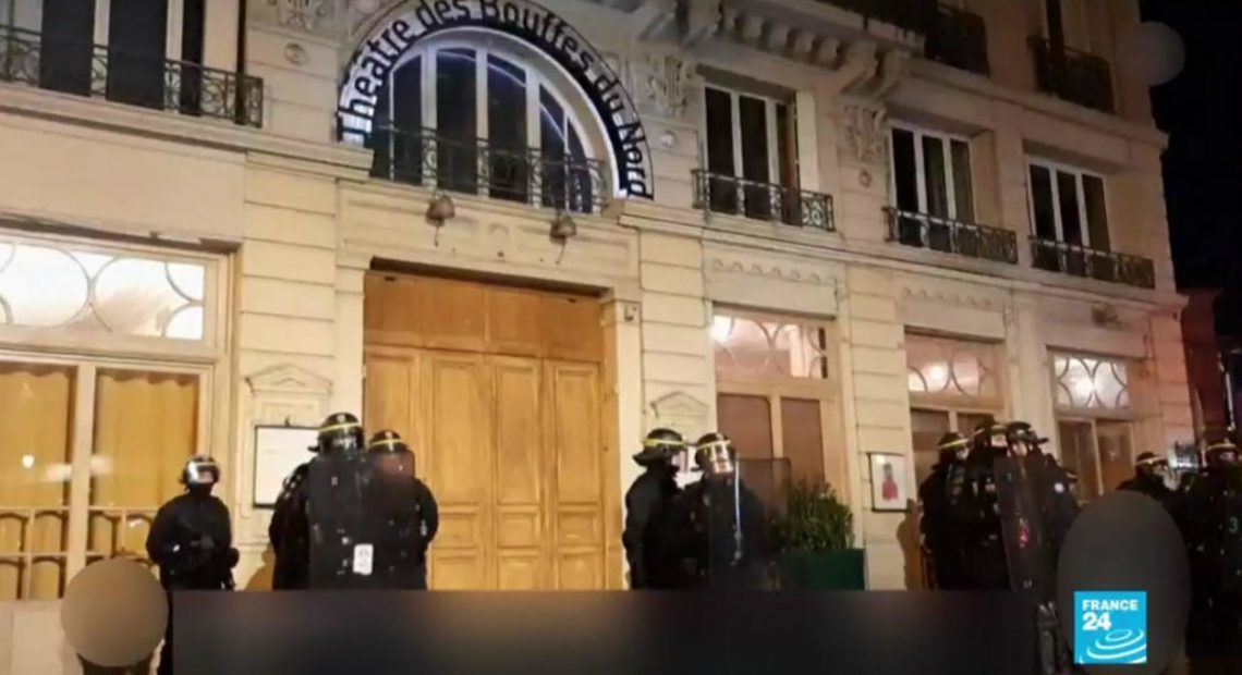 macron french theater protest riot police