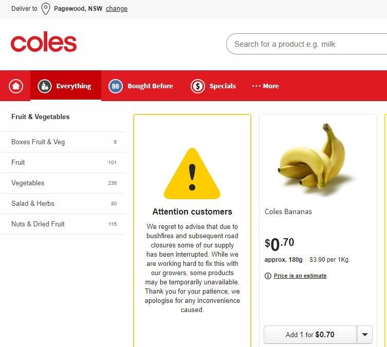 Coles online shopping website, 20 January 2020.