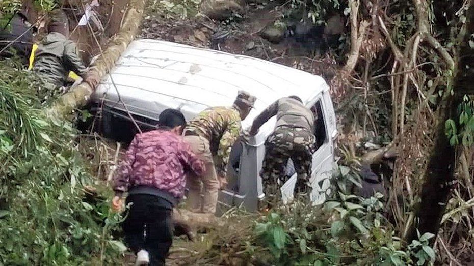 The SUV after being hit by the landslide in East Sikkim on Tuesday