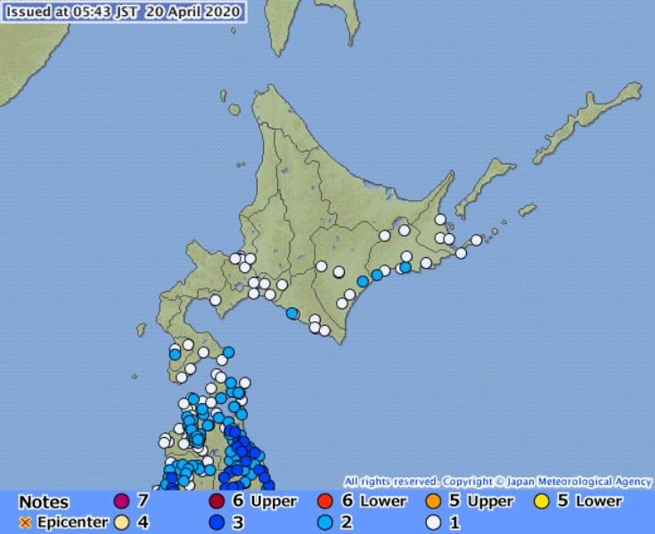 The epicenter of the earthquake that occurred on April 20 at 5:39 a.m. is located in Miyagi Prefecture