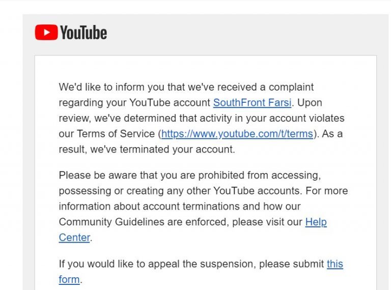 Youtube SouthFront removal