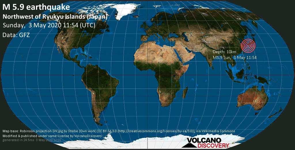 Click to enlarge Strong mag. 6.0 earthquake - Northwest of Ryukyu Islands, Japan