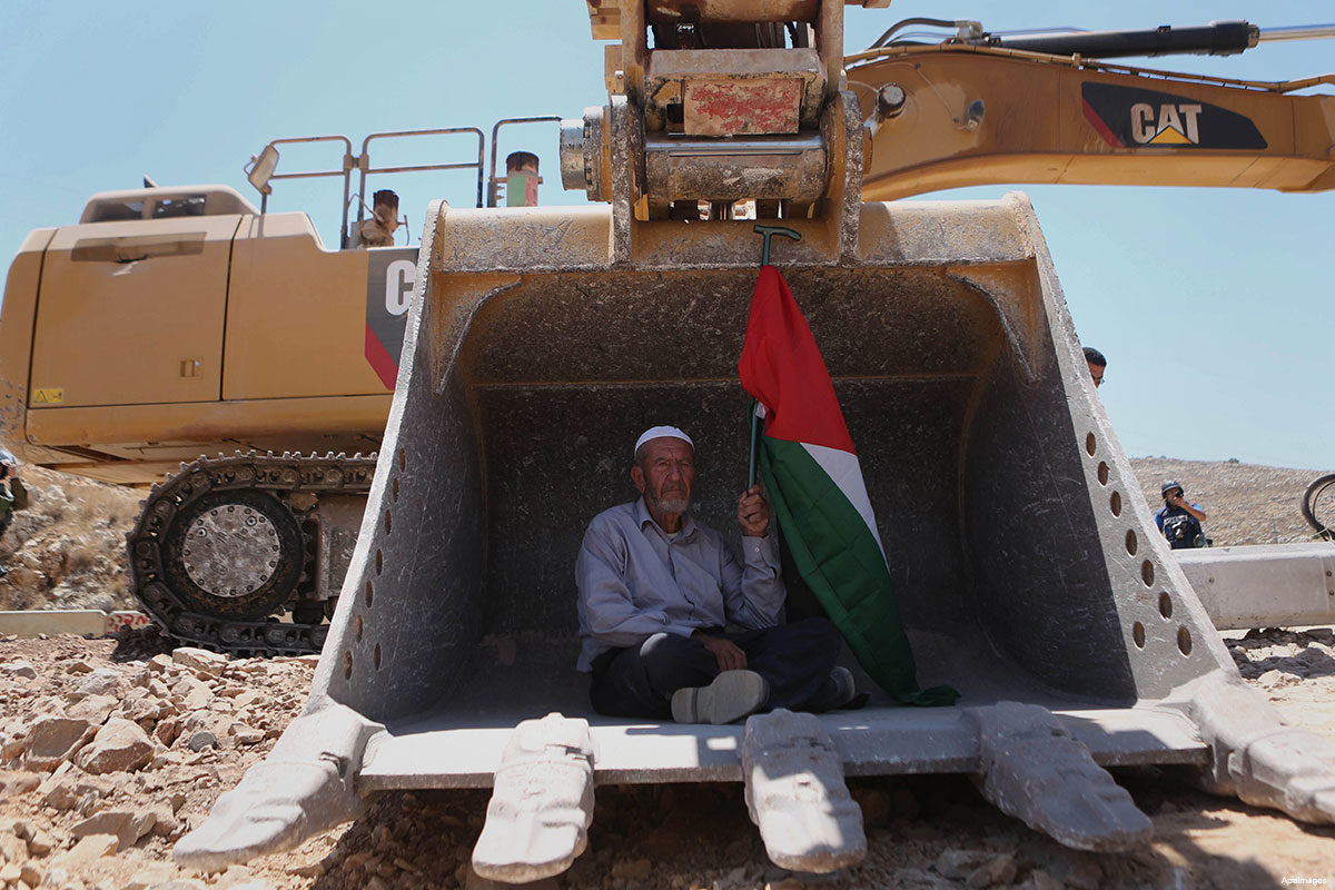 home demolition palestine bulldozer protestor flag