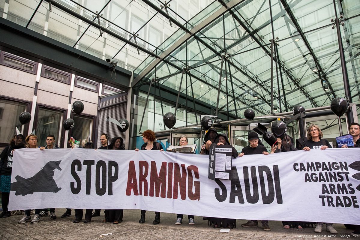 Human rights campaigners protest against the UK arms sale to Saudi Arabia
