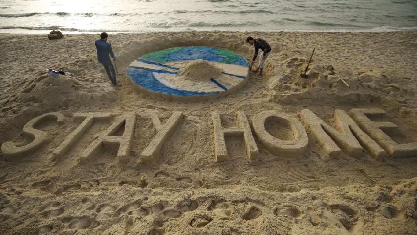 stay home sand sculpture