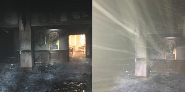 Burned foyer of the Queen of Peace Catholic Church