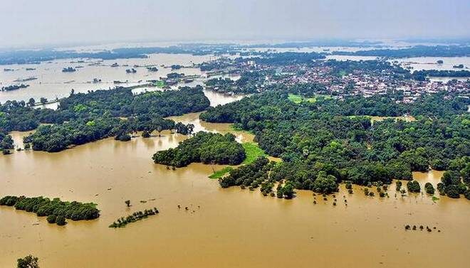 An aerial view of the flood-affected Darbhanga district of Bihar on Wednesday.