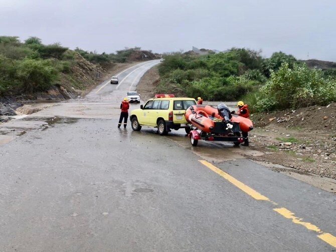 Saudi Arabia’s civil defense called on citizens and residents in areas experiencing torrential rains to take precautions