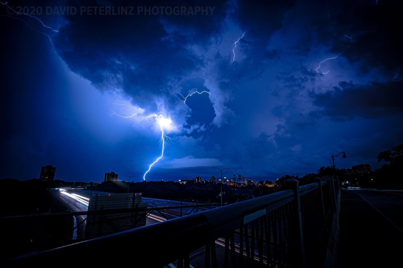 Overnight storms sparked nearly continuous lightning and thunder for much of the night across the Twin Cities metro area. This was the view from the Dartmouth Bridge near the University of Minnesota in Minneapolis.