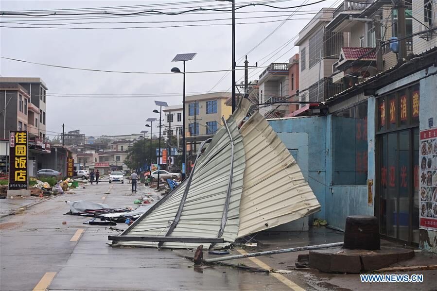 Advertisement boards are blown down by strong winds brought by Typhoon Mekkhala in Qianting Town of Zhangpu County, Zhangzhou, southeast China's Fujian Province, Aug. 11, 2020.