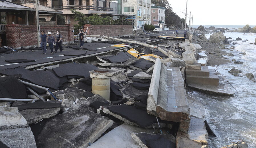 A coastal road is damaged in Ulsan, South Korea,