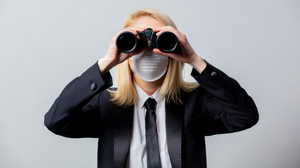 mask wearer spying, COVID spying, binoculars,