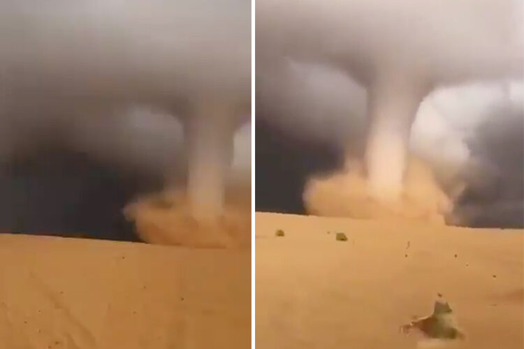 A combo image shows a tornado moving through the desert in Sakaka, Saudi Arabia.