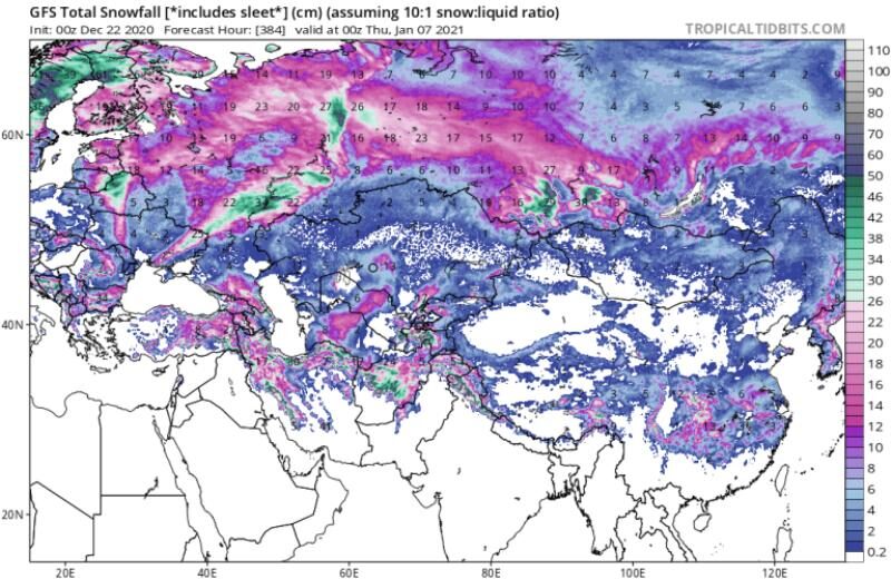 Asia: GFS Total Snowfall from Dec. 22