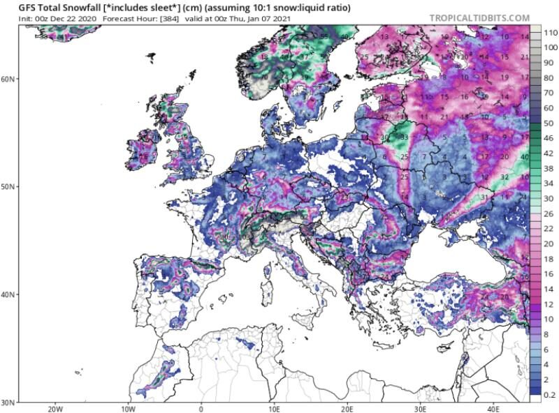 Europe: GFS Total Snowfall from Dec. 22