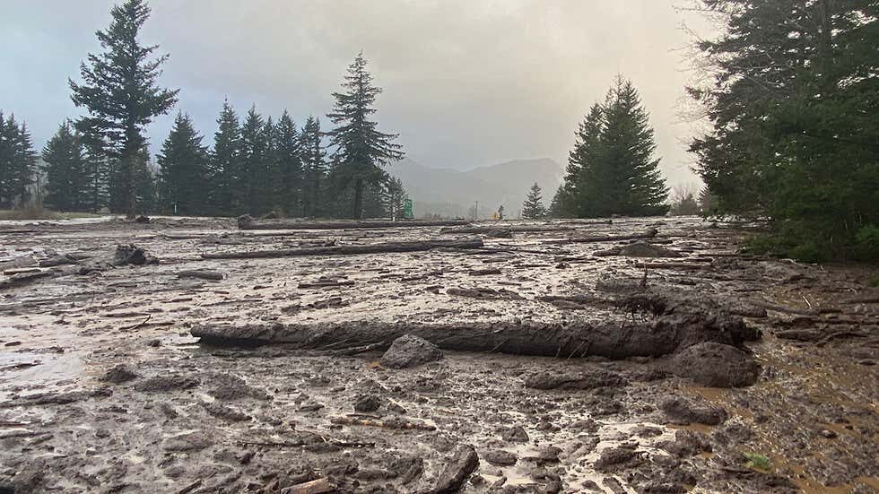 Debris from a mudslide are seen on Wednesday, Jan. 13, 2021, east of Portland, Ore., after heavy rain and a windstorm struck the area