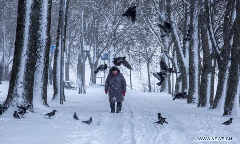 A woman walks in the snow in Riga, Latvia, on Jan. 30, 2021. A cyclone with a center at the Estonian-Russian border has brought a prolonged period of heavy snowfall to Latvia this weekend, meteorologists said Saturday.