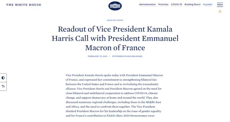 white house statement harris biden phone calls