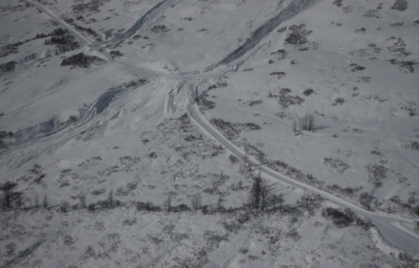Avalanche debris covers two stretches of the Hatcher Pass Road after last weekend’s storm.