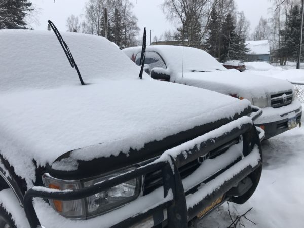 Fresh snow April 8, 2021 on a pair of pickups in East Anchorage