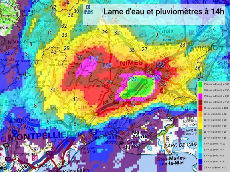 Rainfall in the Nimes area of Gard Department,