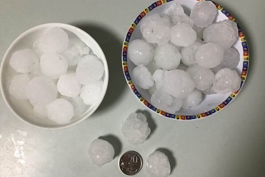 Golf-ball-sized hail collected in a Wiggles bowl in north-west Sydney.