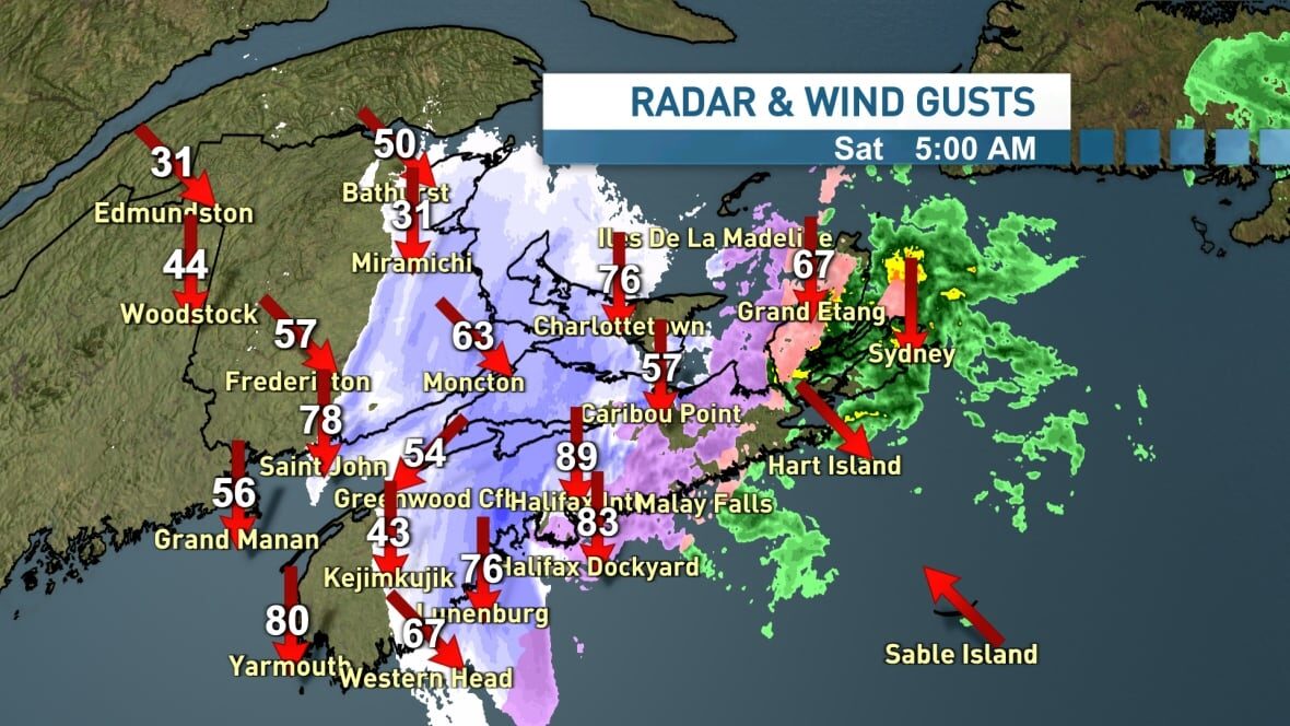 This image shows wind gusts recorded across Nova Scotia, as of 5 a.m. AT Saturday.