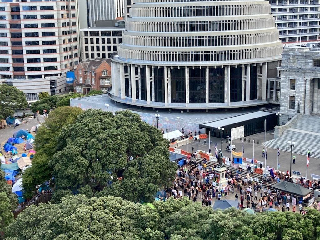Anti-vaccine mandate protesters gather to demonstrate in front of the parliament building, in Wellington, New Zealand
