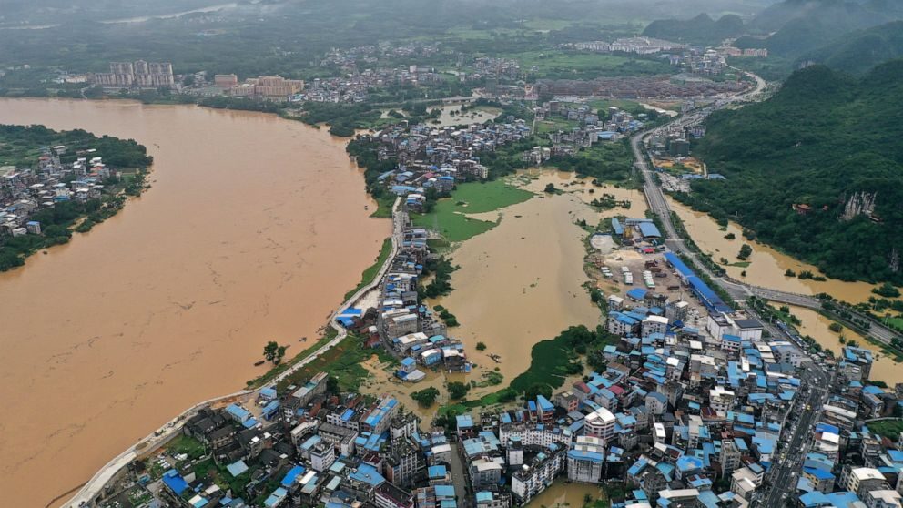 flooded areas along the Rongjiang River after heavy rainfalls in the Rongshui Miao Autonomous County