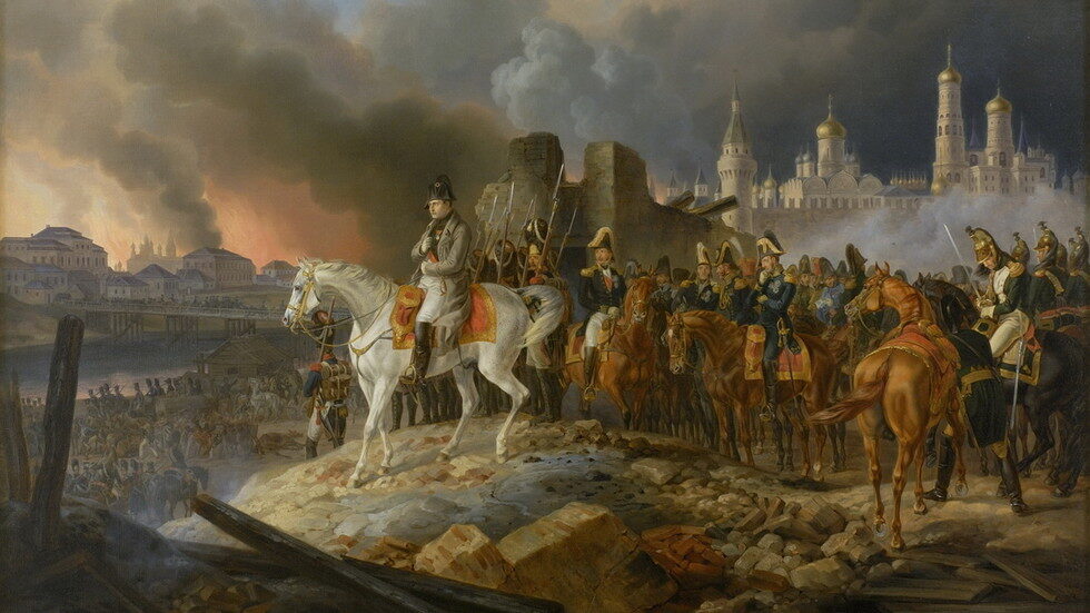 Click to enlarge 'Napoleon in burning Moscow' by Adam Albrecht painting
