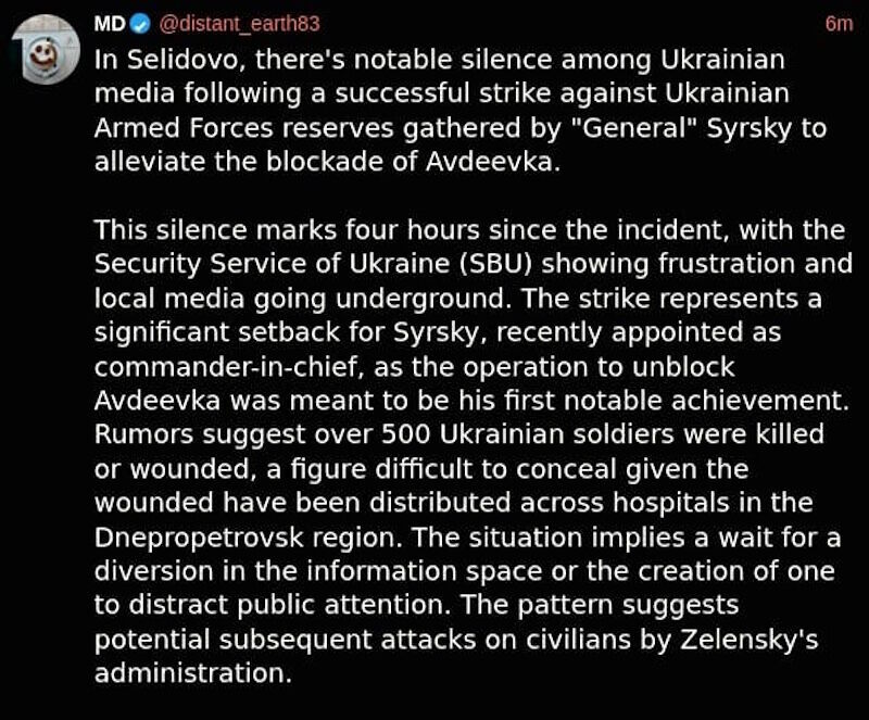 tweet military situation Selidovo ukraine