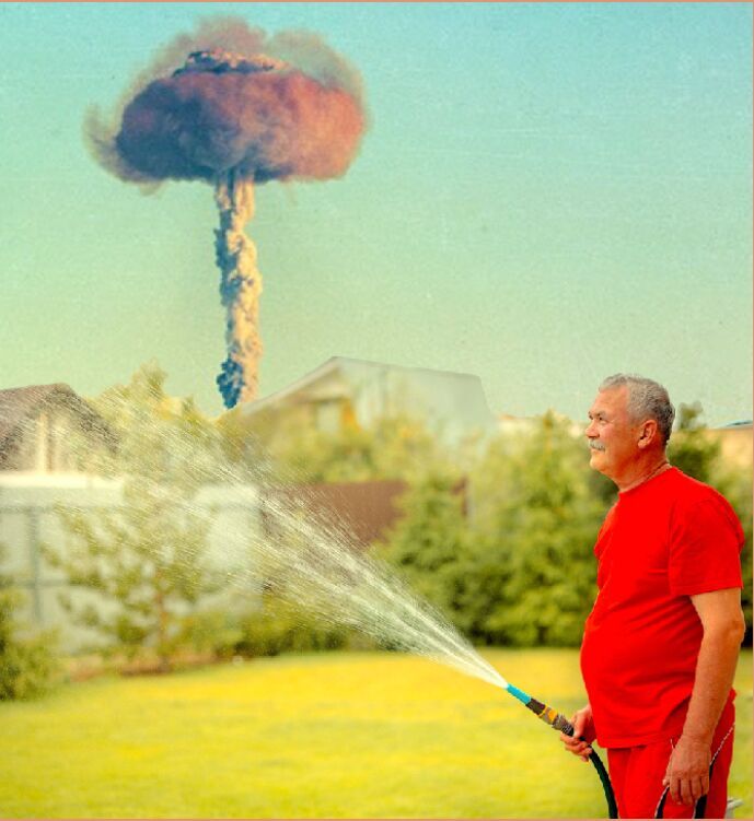 nuclear explosion man watering lawn
